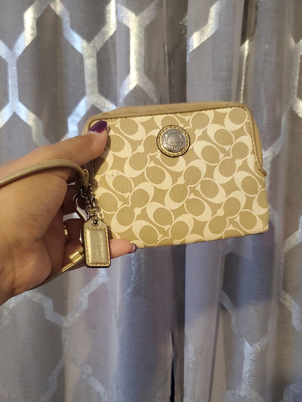 Coach Beige Signature Jacquard Wristlet with Gold Charm